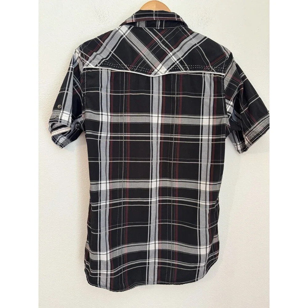 BKE Shirt Mens M Black White Plaid Cotton Blend Pockets Western Pearl Snap EUC